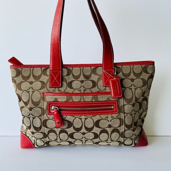 Coach Handbags - Coach Signature Tan and Red Leather Handbag Tote